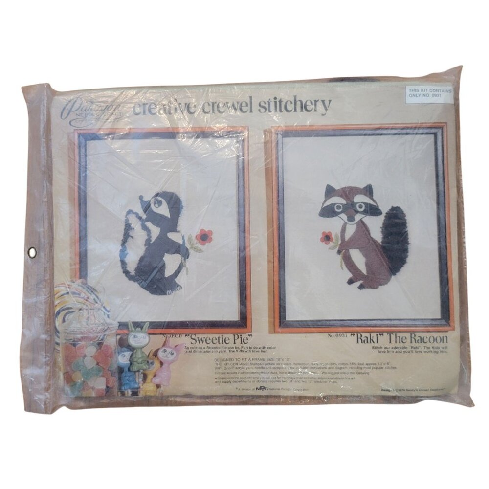 Paragon Creative Needlepoint Crewel Stitchery Kit 0931‎ Raki Raccoon 1974